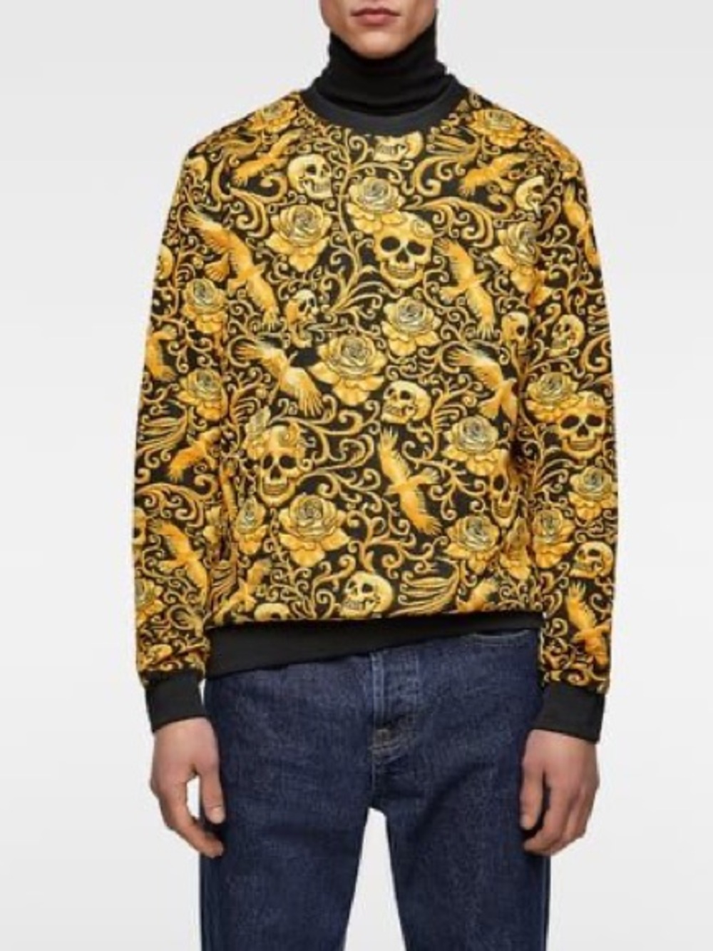 Zara Mens Quilted Jacquard Skull Rose Sweatshirt Black Gold Sweater size Medium